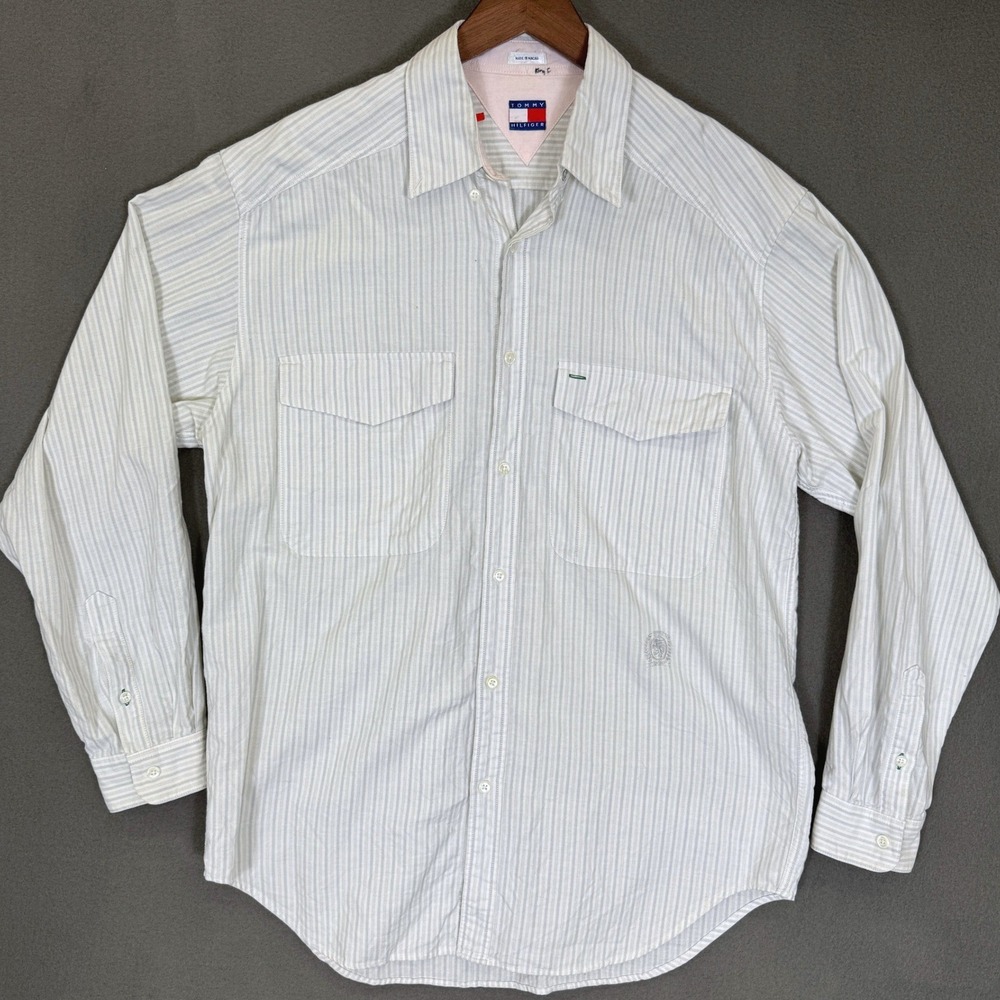 Vintage Tommy Hilfiger Shirt Men L White Blue Pinstripe Cotton Flap Pockets